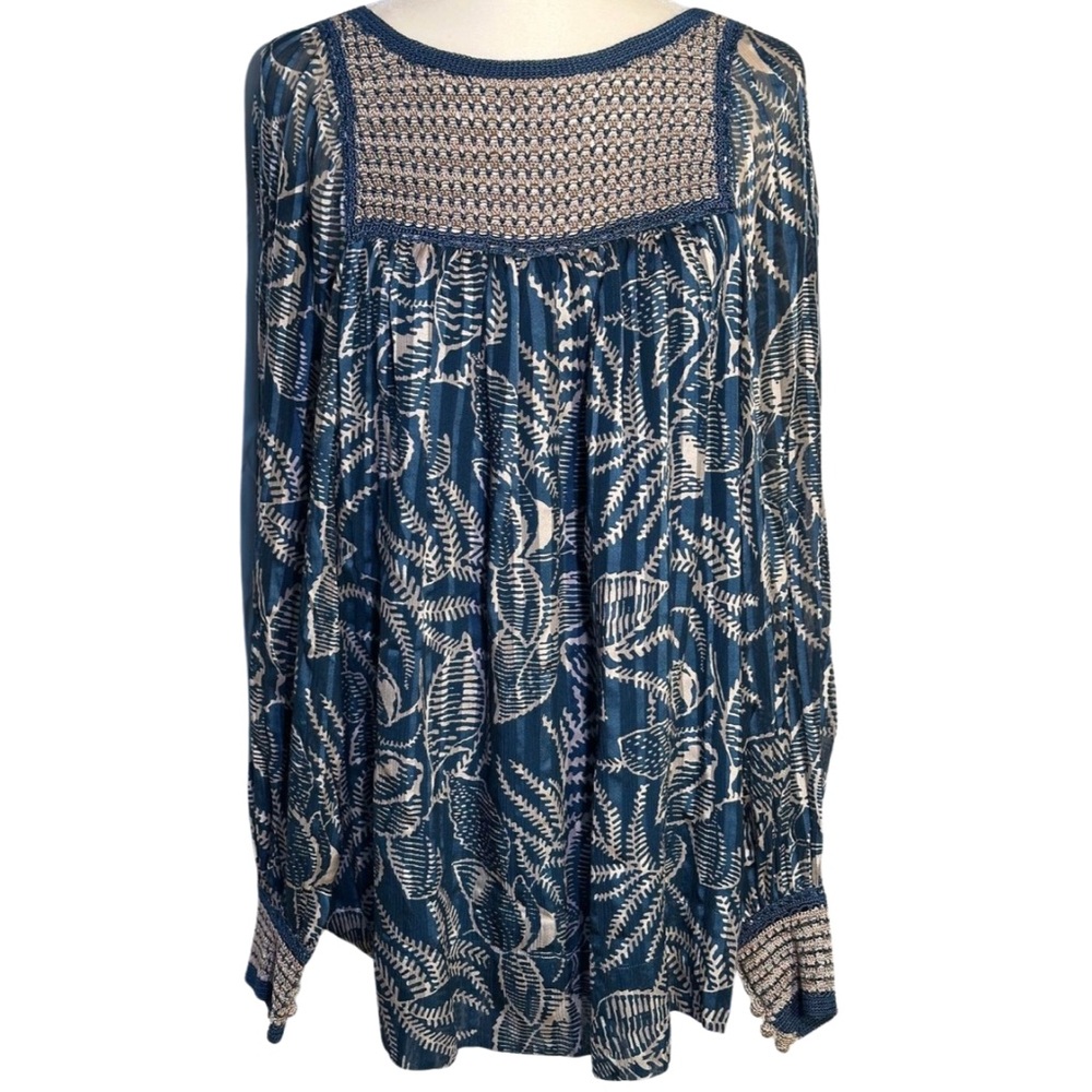 BCBGMaxAzria Navy Boho Leaf Print Blouse – Smocked Peasant Top with Flowy Fit